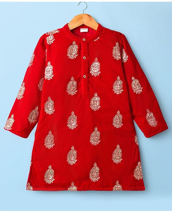 Babyhug Velvet Woven Full Sleeves Kurta Dhoti Set with Embroidery & Sequin Detailing - Red