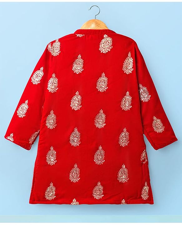 Babyhug Velvet Woven Full Sleeves Kurta Dhoti Set with Embroidery & Sequin Detailing - Red