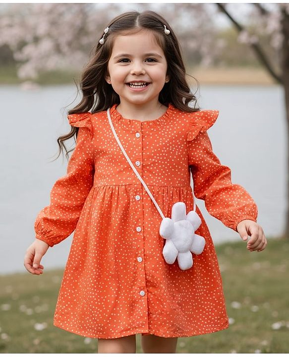 Babyhug Cotton Woven With Full Sleeves Front Open Frock & Sling With Polka Dot - Orange