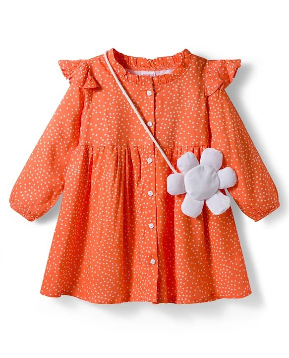 Babyhug Cotton Woven With Full Sleeves Front Open Frock & Sling With Polka Dot - Orange