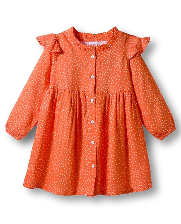 Babyhug Cotton Woven With Full Sleeves Front Open Frock & Sling With Polka Dot - Orange