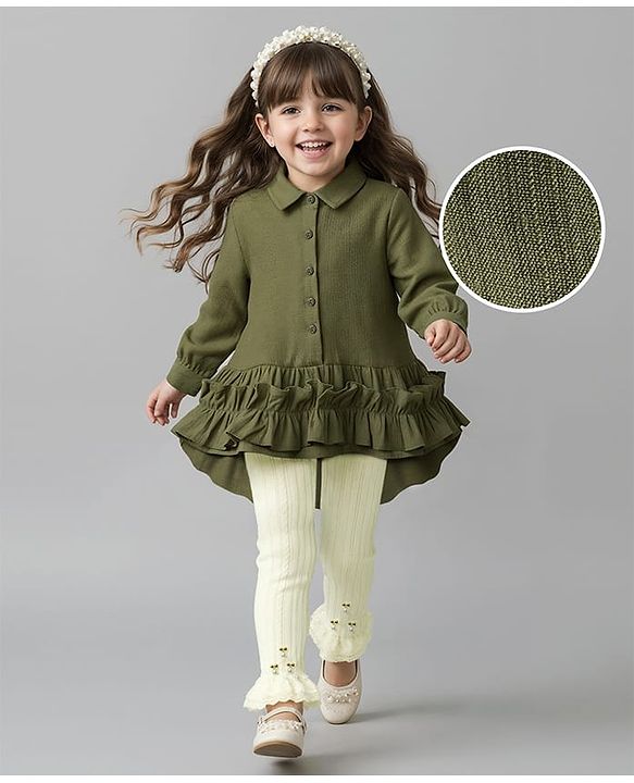 Babyhug Cotton Woven Full Sleeves Frock With Pearl Embellished Leggings & Frill Detailing - Olive Green & White
