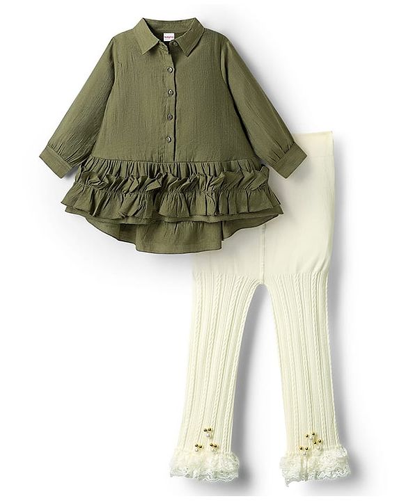 Babyhug Cotton Woven Full Sleeves Frock With Pearl Embellished Leggings & Frill Detailing - Olive Green & White