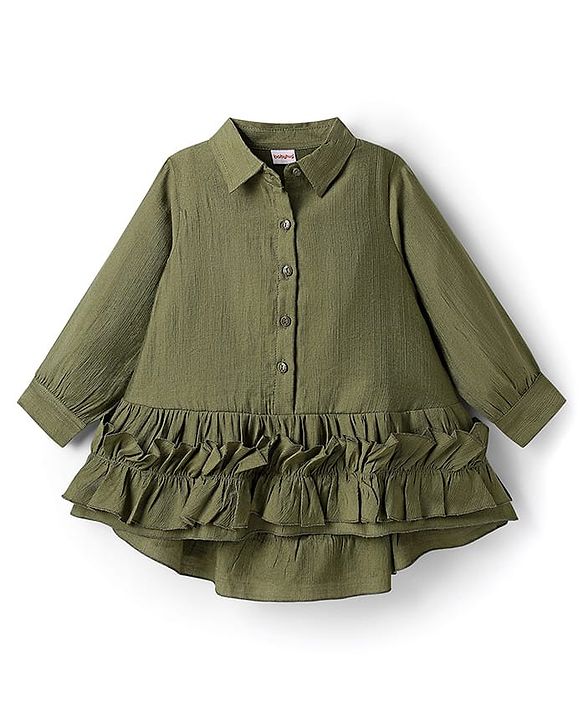 Babyhug Cotton Woven Full Sleeves Frock With Pearl Embellished Leggings & Frill Detailing - Olive Green & White