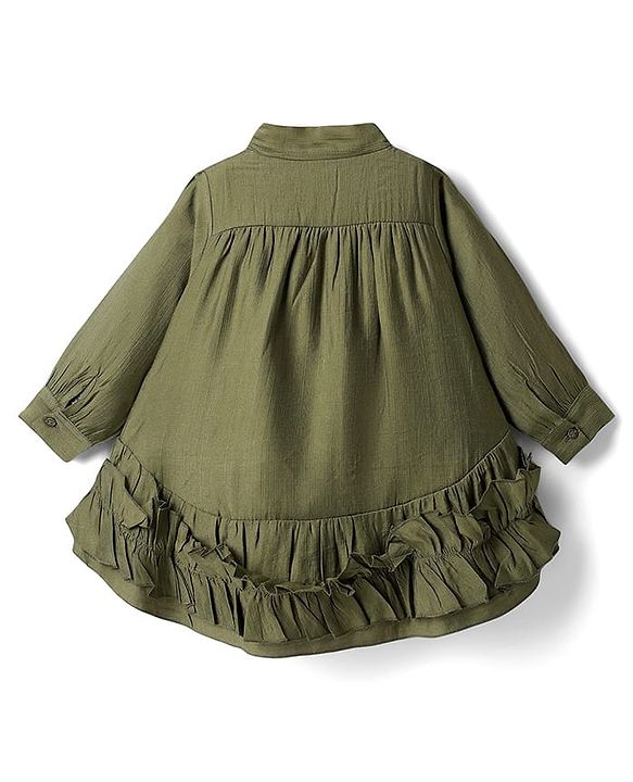 Babyhug Cotton Woven Full Sleeves Frock With Pearl Embellished Leggings & Frill Detailing - Olive Green & White