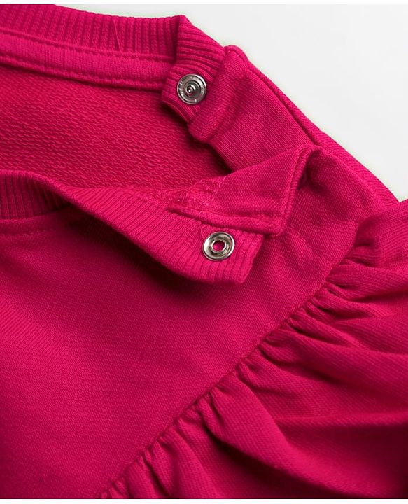 Babyhug Knit Premium Light Gauge 100% Cotton Terry Full Sleeves Top & Lounge Pant Co-ord Set With Floral Embroidery - Fuchsia