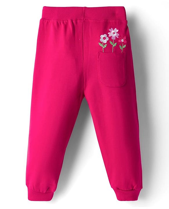 Babyhug Knit Premium Light Gauge Terry Full Sleeves Top & Lounge Pant Co-ord Set With Floral Embroidery - Fuchsia