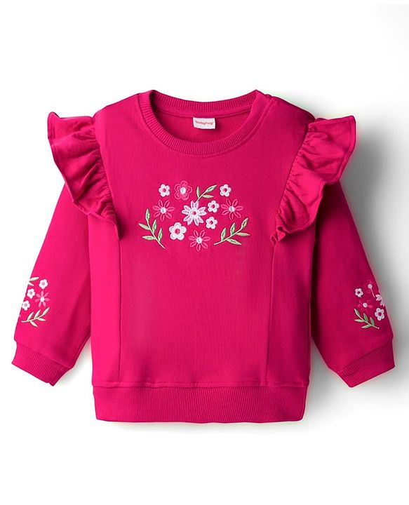 Babyhug Knit Premium Light Gauge Terry Full Sleeves Top & Lounge Pant Co-ord Set With Floral Embroidery - Fuchsia