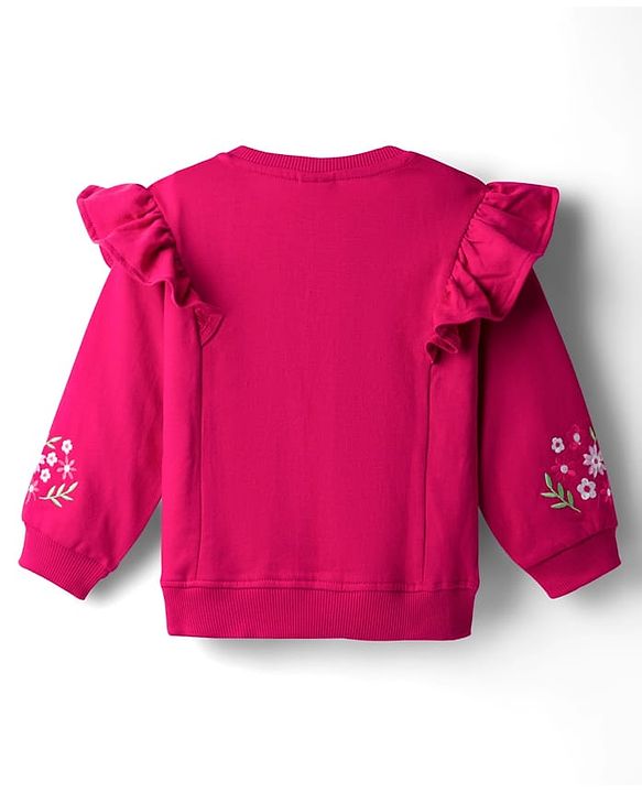 Babyhug Knit Premium Light Gauge Terry Full Sleeves Top & Lounge Pant Co-ord Set With Floral Embroidery - Fuchsia