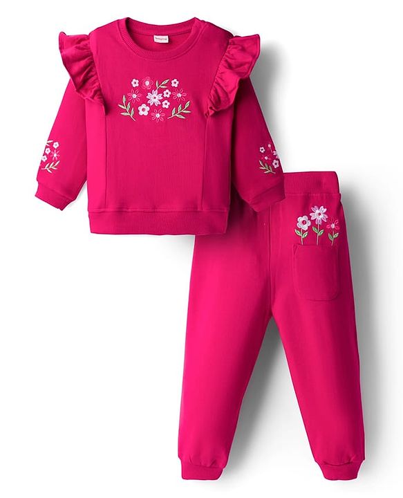 Babyhug Knit Premium Light Gauge Terry Full Sleeves Top & Lounge Pant Co-ord Set With Floral Embroidery - Fuchsia