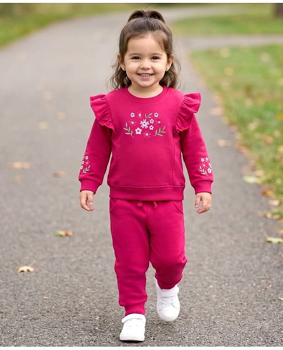 Babyhug Knit Premium Light Gauge Terry Full Sleeves Top & Lounge Pant Co-ord Set With Floral Embroidery - Fuchsia