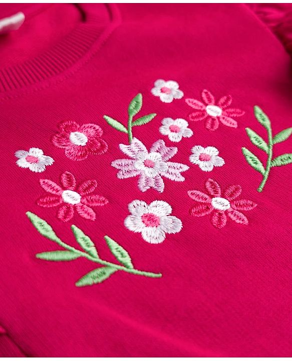 Babyhug Knit Premium Light Gauge 100% Cotton Terry Full Sleeves Top & Lounge Pant Co-ord Set With Floral Embroidery - Fuchsia