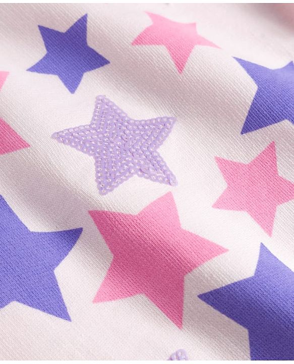 Babyhug Knit Premium Light Gauge Terry Full Sleeves Top and Lounge Pant Set With Stars Print & Frill Detailing - Pink