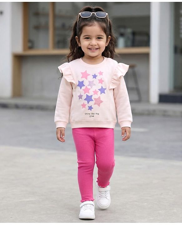 Babyhug Knit Premium Light Gauge Terry Full Sleeves Top and Lounge Pant Set With Stars Print & Frill Detailing - Pink