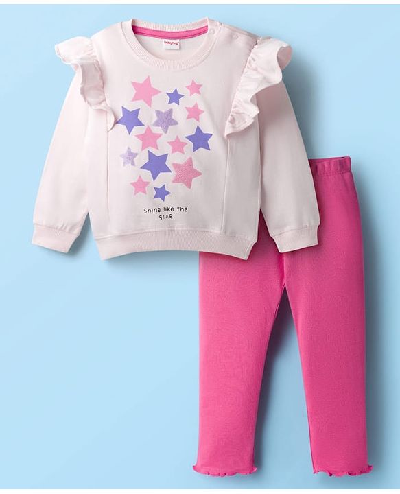 Babyhug Knit Premium Light Gauge Terry Full Sleeves Top and Lounge Pant Set With Stars Print & Frill Detailing - Pink