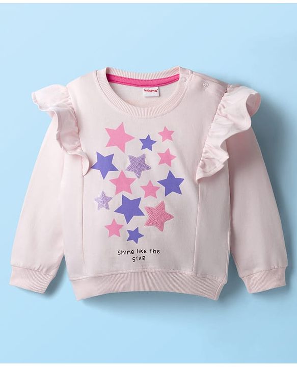 Babyhug Knit Premium Light Gauge Terry Full Sleeves Top and Lounge Pant Set With Stars Print & Frill Detailing - Pink
