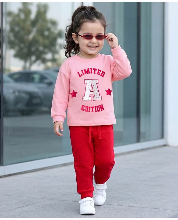 Babyhug Knit Premium Light Gauge Terry Full Sleeves Top & Pant Set With Text Print - Pink & Red