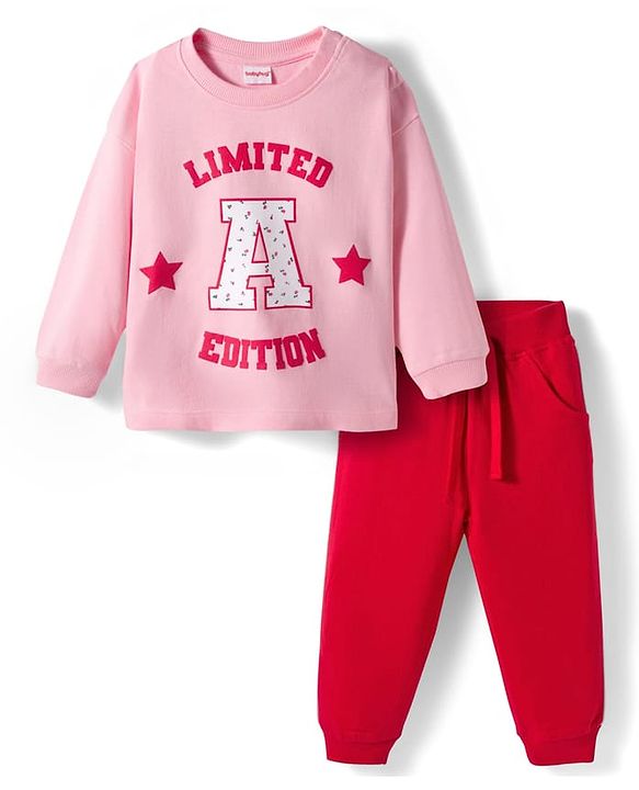 Babyhug Knit Premium Light Gauge Terry Full Sleeves Top & Pant Set With Text Print - Pink & Red