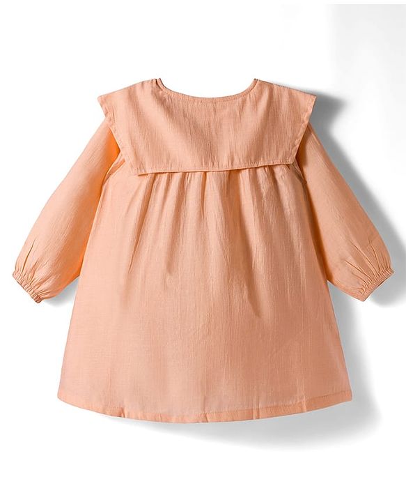 Babyhug Cotton Woven Full Sleeves Frock With Leggings With Bow Applique - Peach