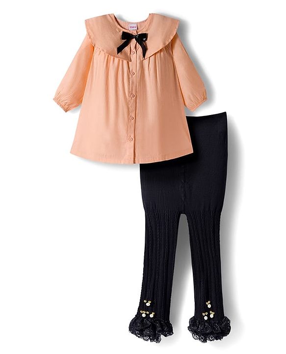Babyhug Cotton Woven Full Sleeves Frock With Leggings With Bow Applique - Peach