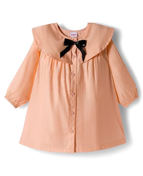 Babyhug Cotton Woven Full Sleeves Frock With Leggings With Bow Applique - Peach