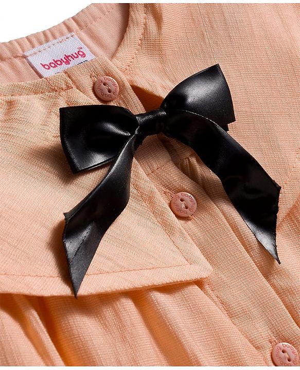 Babyhug Cotton Woven Full Sleeves Frock With Leggings With Bow Applique - Peach
