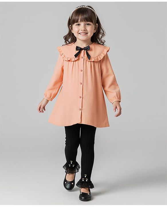 Babyhug Cotton Woven Full Sleeves Frock With Leggings With Bow Applique - Peach