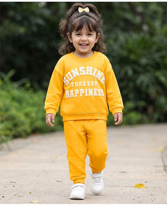 Babyhug Knit Premium Light Gauge Terry Full Sleeves Top and Jogger Set with Sunshine Forever Text Print - Yellow