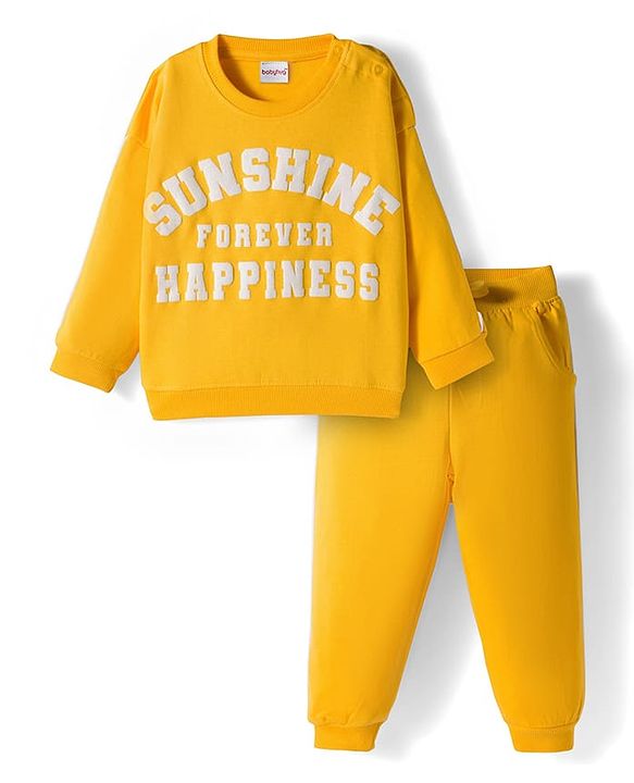 Babyhug Knit Premium Light Gauge Terry Full Sleeves Top and Jogger Set with Sunshine Forever Text Print - Yellow