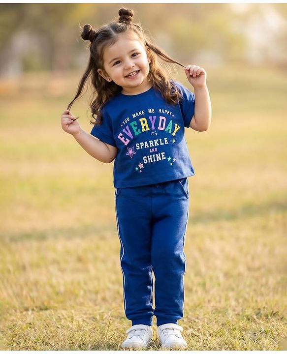 Babyhug 100% Cotton Terry Knit Half Sleeves Top & Joggers Set with Everyday Text Print - Navy Blue
