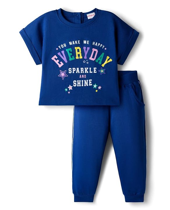Babyhug 100% Cotton Terry Knit Half Sleeves Top & Joggers Set with Everyday Text Print - Navy Blue