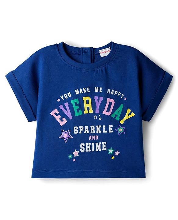 Babyhug 100% Cotton Terry Knit Half Sleeves Top & Joggers Set with Everyday Text Print - Navy Blue