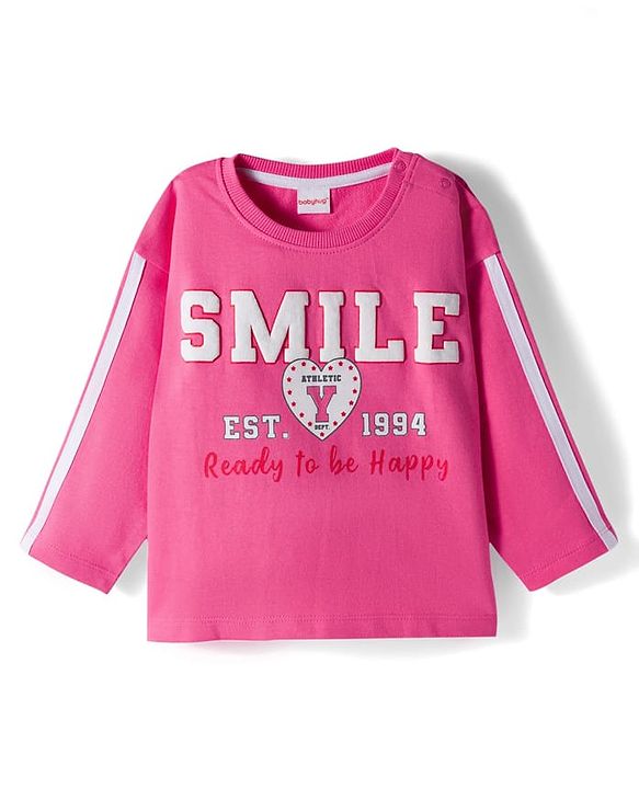 Babyhug Knit Premium Light Gauge Terry Full Sleeves Top and Joggers Set with Smile Text Print - Pink