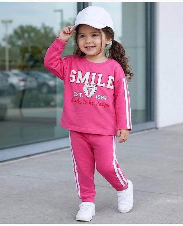 Babyhug Knit Premium Light Gauge Terry Full Sleeves Top and Joggers Set with Smile Text Print - Pink