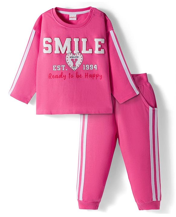 Babyhug Knit Premium Light Gauge Terry Full Sleeves Top and Joggers Set with Smile Text Print - Pink
