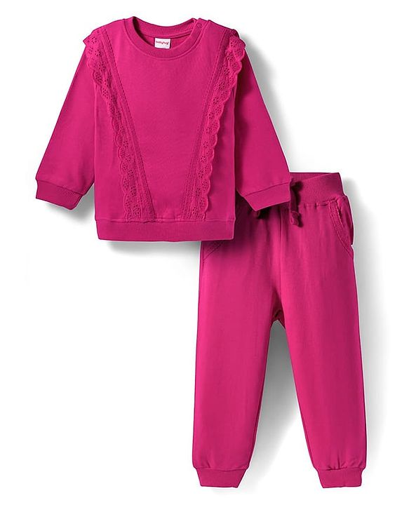 Babyhug Knit Premium Light Gauge Terry Full Sleeves Solid Color Top & Joggers Set with Lace Frill Detailing - Maroon