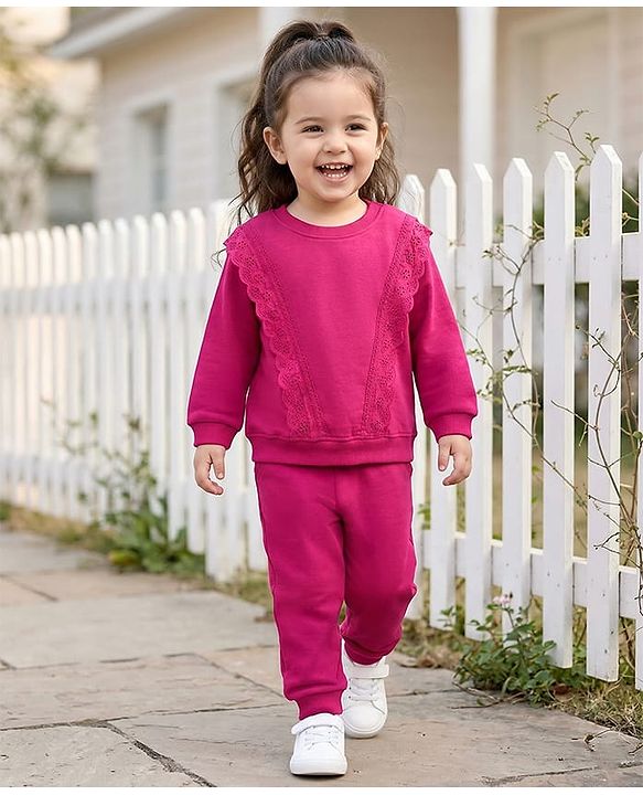 Babyhug Knit Premium Light Gauge Terry Full Sleeves Solid Color Top & Joggers Set with Lace Frill Detailing - Maroon