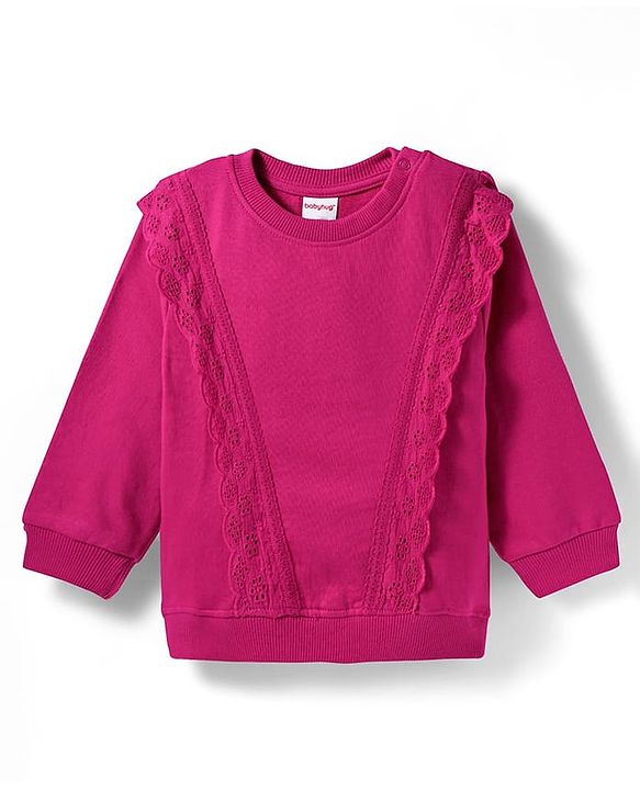 Babyhug Knit Premium Light Gauge Terry Full Sleeves Solid Color Top & Joggers Set with Lace Frill Detailing - Maroon