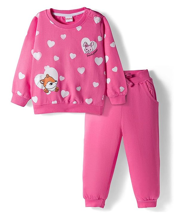 Babyhug Knit Premium Light Gauge Terry Full Sleeves Top and Joggers Set with Heart & Animal  Print - Pink