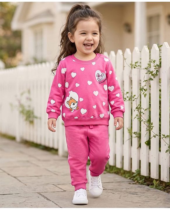 Babyhug Knit Premium Light Gauge Terry Full Sleeves Top and Joggers Set with Heart & Animal  Print - Pink