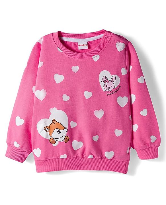 Babyhug Knit Premium Light Gauge Terry Full Sleeves Top and Joggers Set with Heart & Animal  Print - Pink