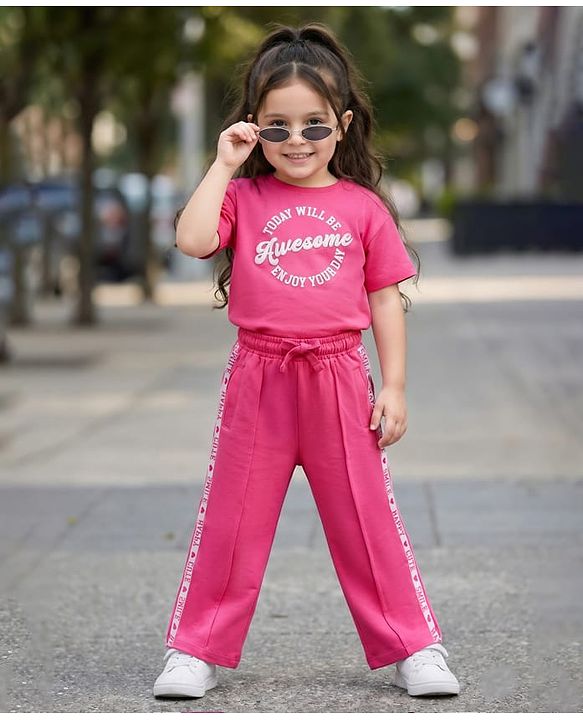 Babyhug Terry Knit Half Sleeves Top and Lounge Pant Set with Today Will Be Awesome Text Print - Pink