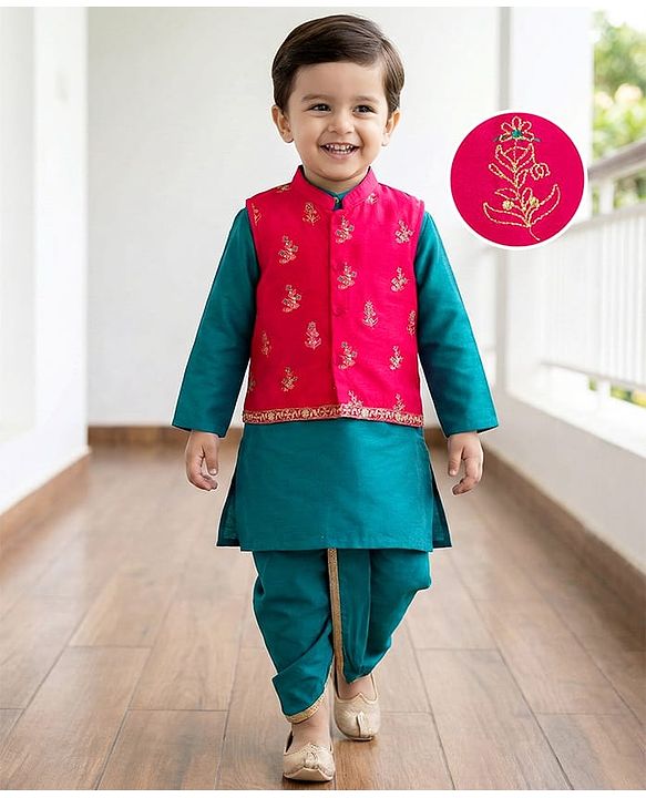 Babyhug Cotton Woven Full Sleeves Kurta Dhoti Set with Borcade Jacket & Floral Embroidery - Teal Blue