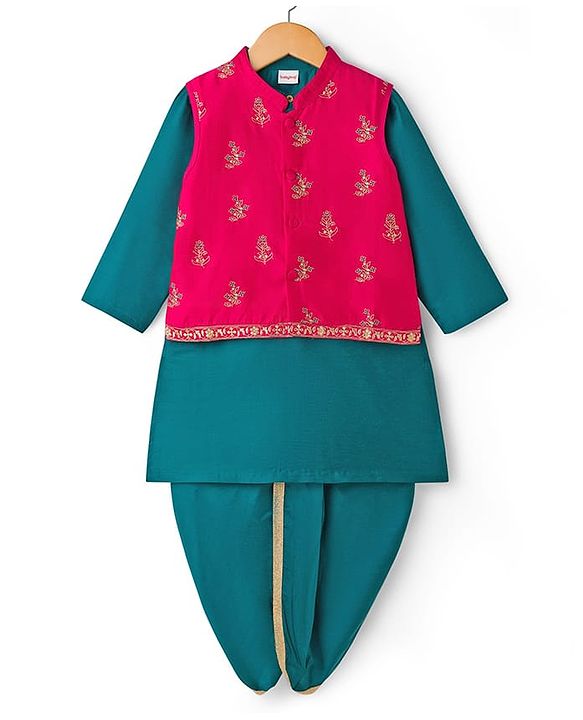 Babyhug Cotton Woven Full Sleeves Kurta Dhoti Set with Borcade Jacket & Floral Embroidery - Teal Blue