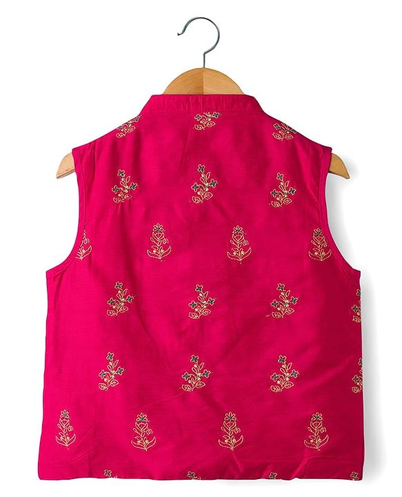 Babyhug Cotton Woven Full Sleeves Kurta Dhoti Set with Borcade Jacket & Floral Embroidery - Teal Blue