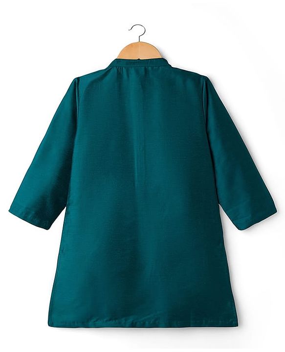 Babyhug Cotton Woven Full Sleeves Kurta Dhoti Set with Borcade Jacket & Floral Embroidery - Teal Blue