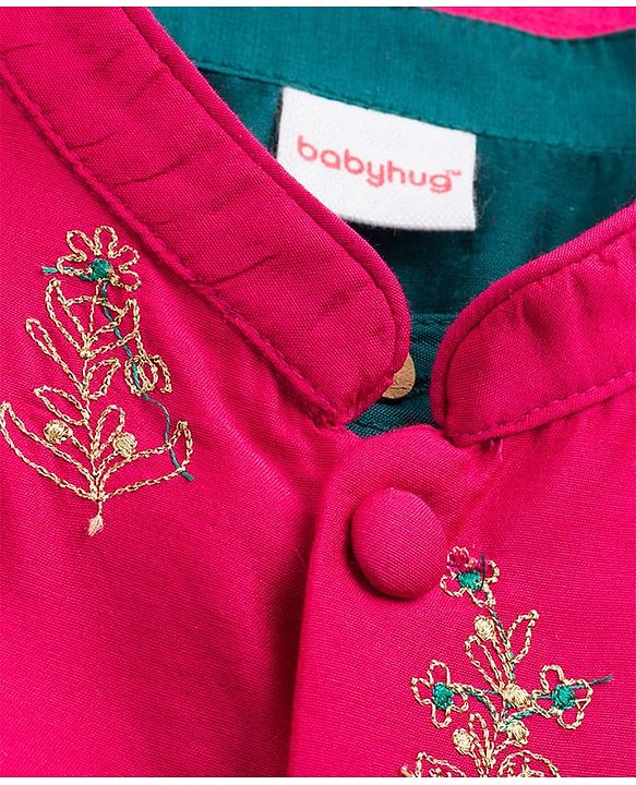 Babyhug Cotton Woven Full Sleeves Kurta Dhoti Set with Borcade Jacket & Floral Embroidery - Teal Blue