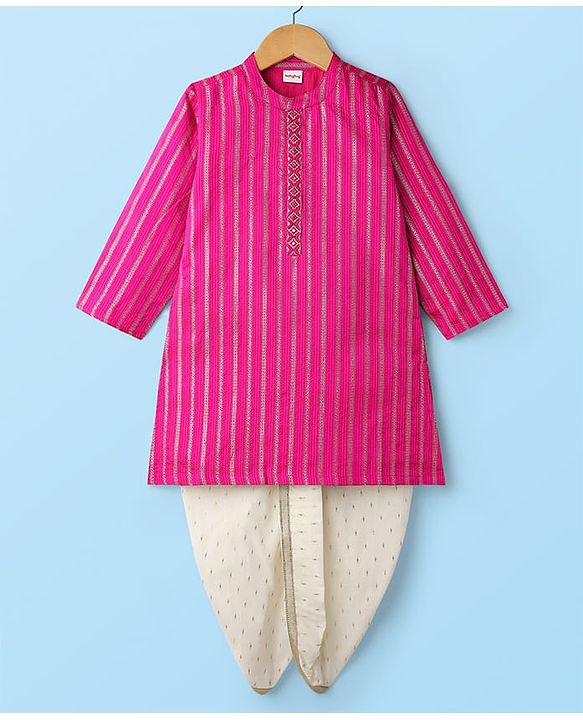 Babyhug Cotton Woven Full Sleeves Kurta Dhoti Set with Dobby Embroidery - Fuchsia