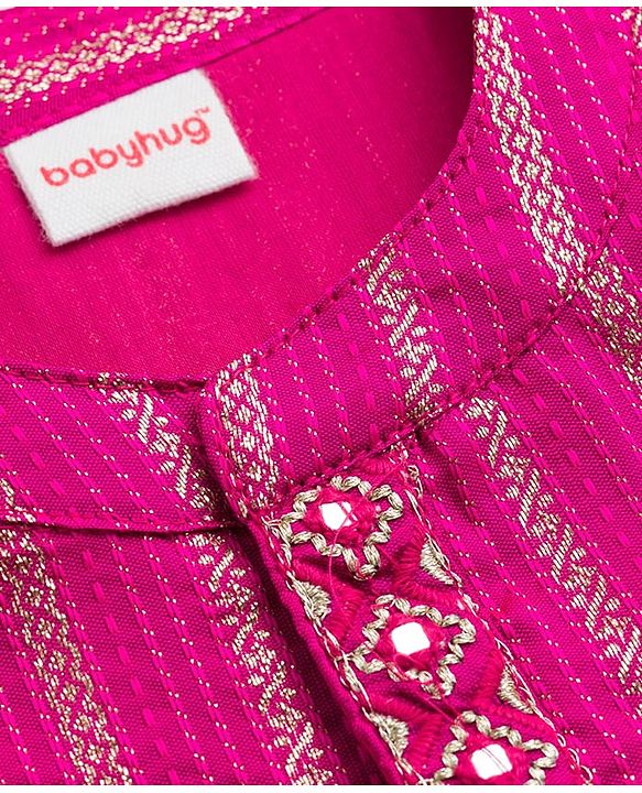 Babyhug Cotton Woven Full Sleeves Kurta Dhoti Set with Dobby Embroidery - Fuchsia