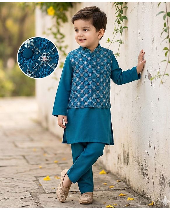 Babyhug Woven Full Sleeves Kurta Pajama Set with Jacket Embroidery & Sequin Detailing - Teal Blue
